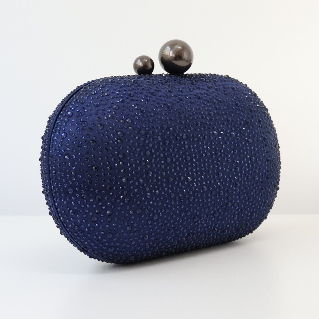 Bolsa Festa Clutch Pedraria Strass Oval Azul Marinho