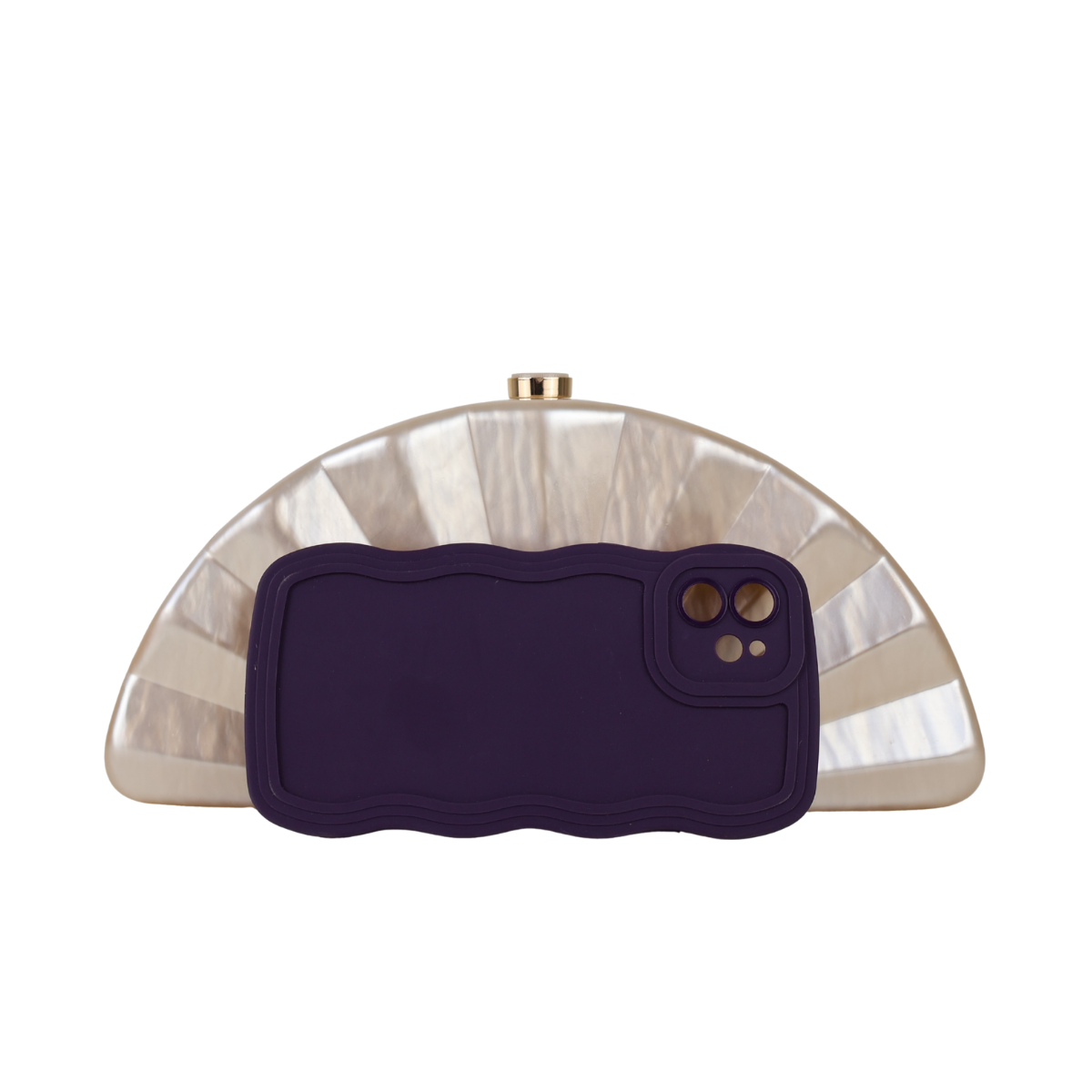 Bolsa de Festa Clutch Acrílico Perolado Meia Lua Bege