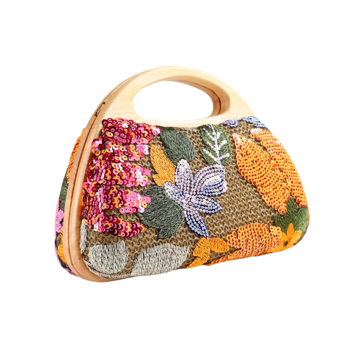Bolsa de Mão Festa Palha Madeira Bordada Laranja