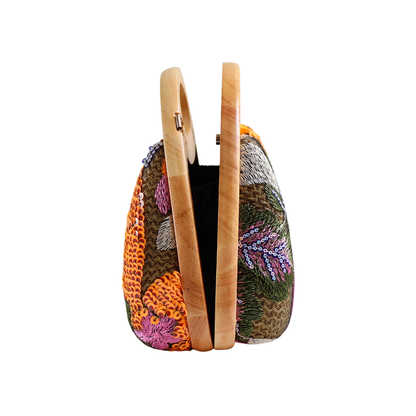 Bolsa de Mão Festa Palha Madeira Bordada Laranja