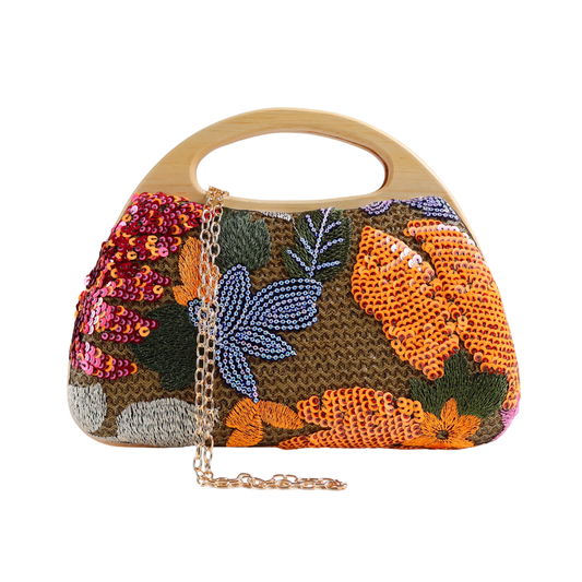Bolsa de Mão Festa Palha Madeira Bordada Laranja