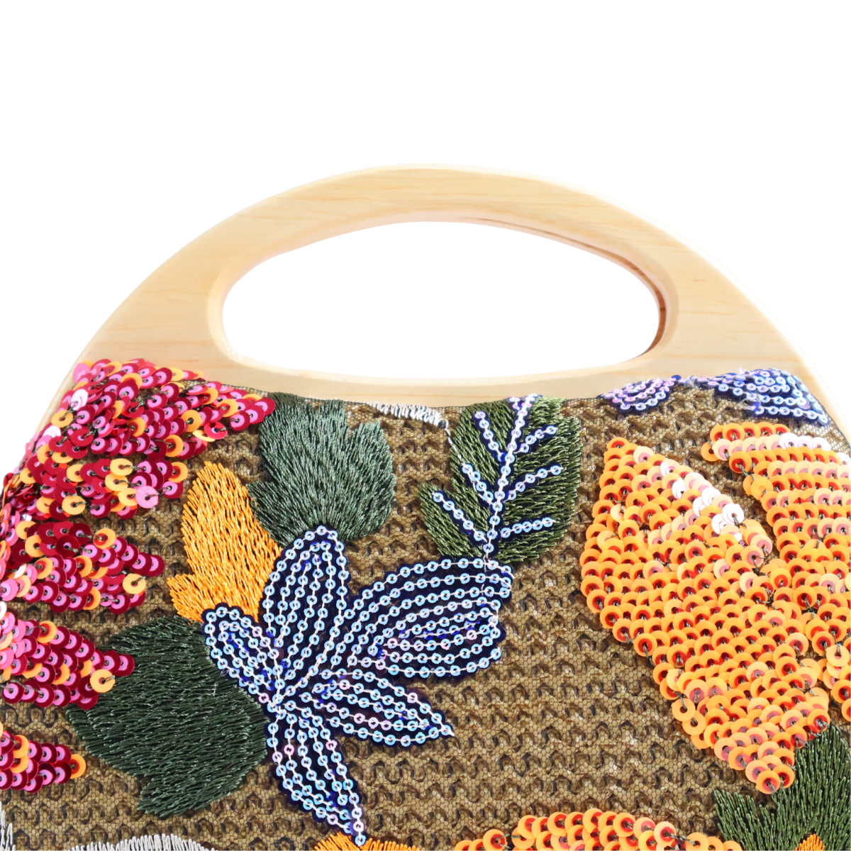 Bolsa de Mão Festa Palha Madeira Bordada Laranja