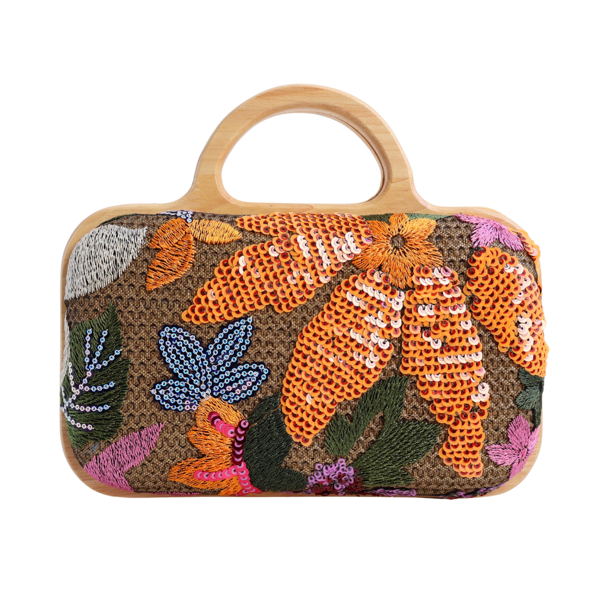 Bolsa de Mão Festa Palha Madeira Bordada Laranja