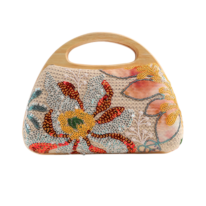 Bolsa de Mão Festa Palha Madeira Bordada Floral Bege