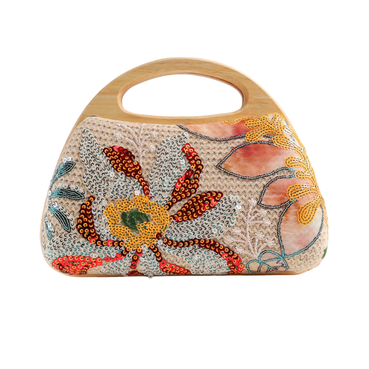 Bolsa de Mão Festa Palha Madeira Bordada Floral Bege