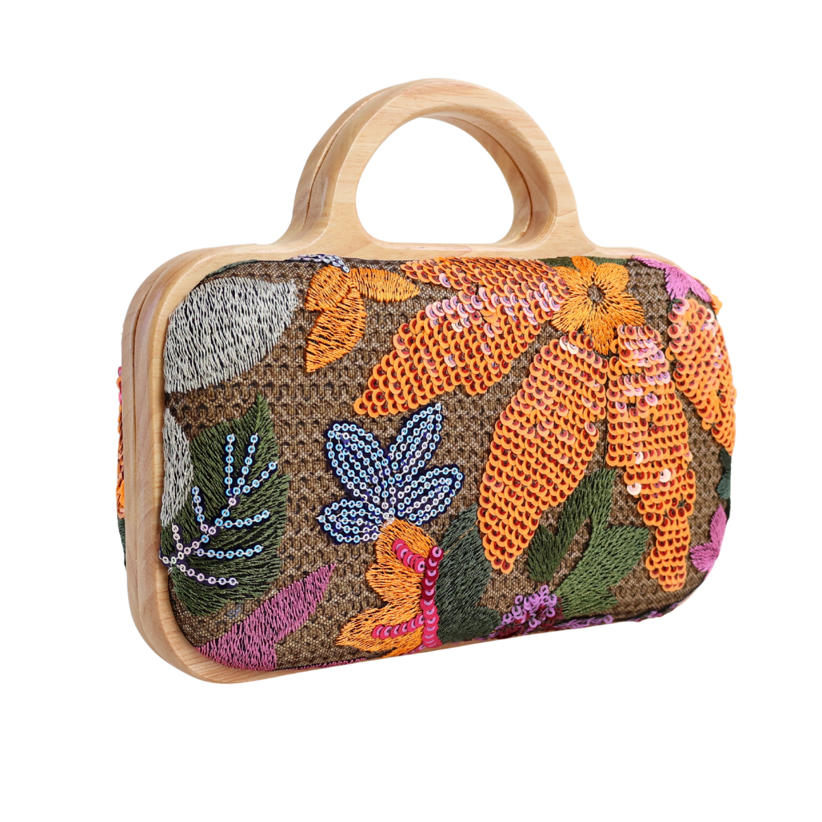 Bolsa de Mão Festa Palha Madeira Bordada Laranja