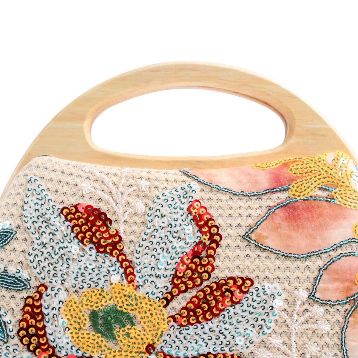 Bolsa de Mão Festa Palha Madeira Bordada Floral Bege
