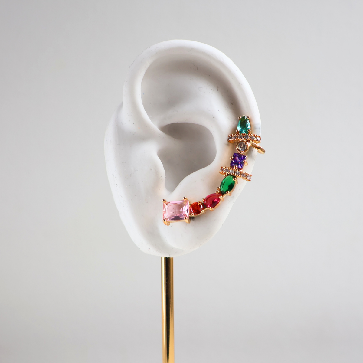 Brinco Earcuff Dourado e Cristal Colorido - Semijoia