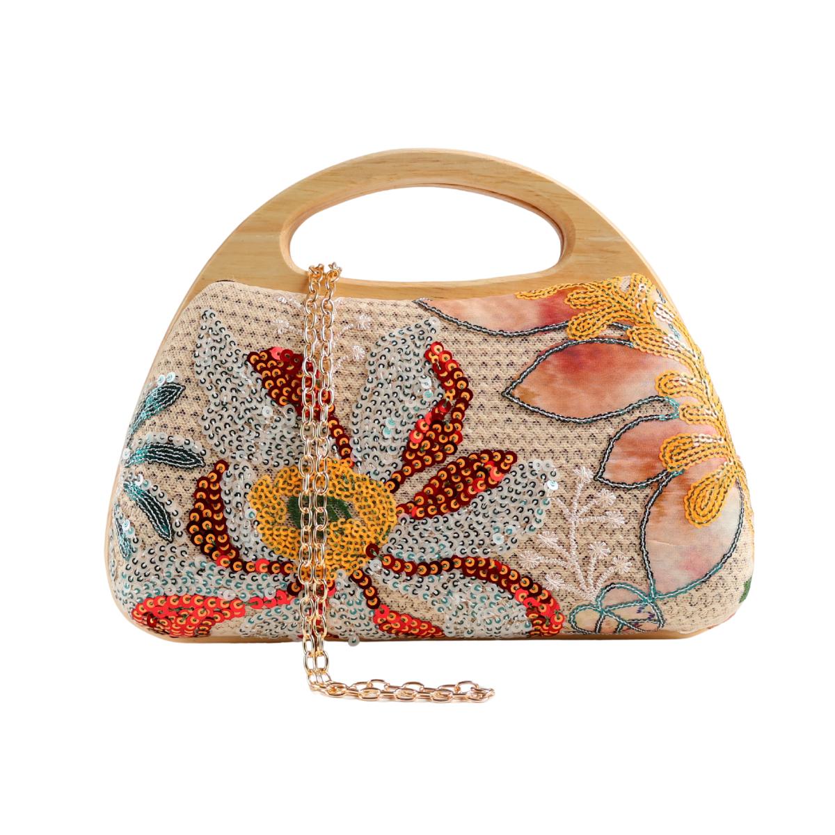 Bolsa de Mão Festa Palha Madeira Bordada Floral Bege