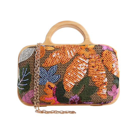 Bolsa de Mão Festa Palha Madeira Bordada Laranja