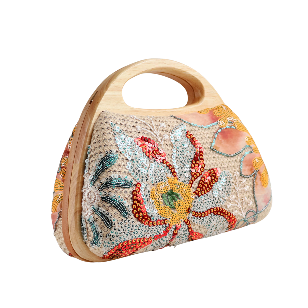 Bolsa de Mão Festa Palha Madeira Bordada Floral Bege - ReUse