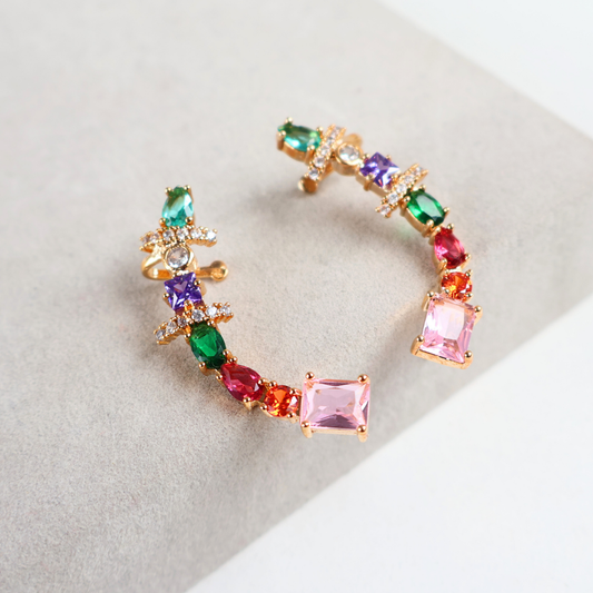Brinco Earcuff Dourado e Cristal Colorido - Semijoia