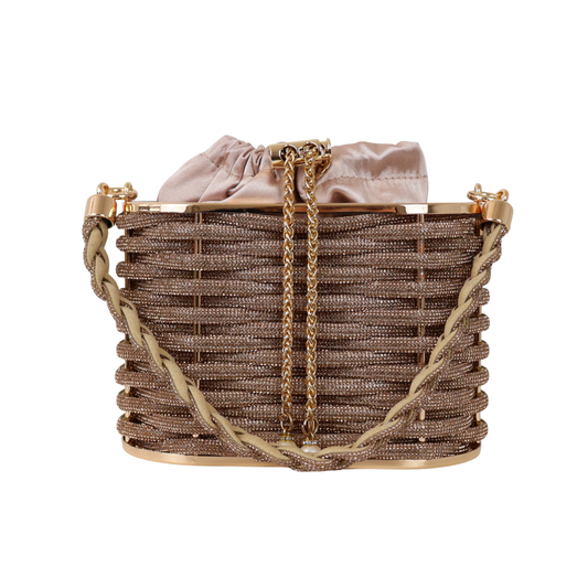 Bolsa de Mão Cesto em Pedraria Champagne
