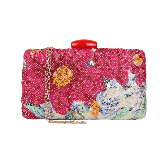 Bolsa Clutch Festa Lantejoulas Bordadas Flores Rosa