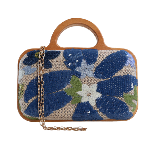 Bolsa de Mão Festa Palha Madeira Bordada Azul
