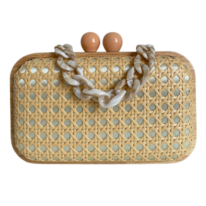 Bolsa de Festa Clutch Madeira e Palha da Índia Bege