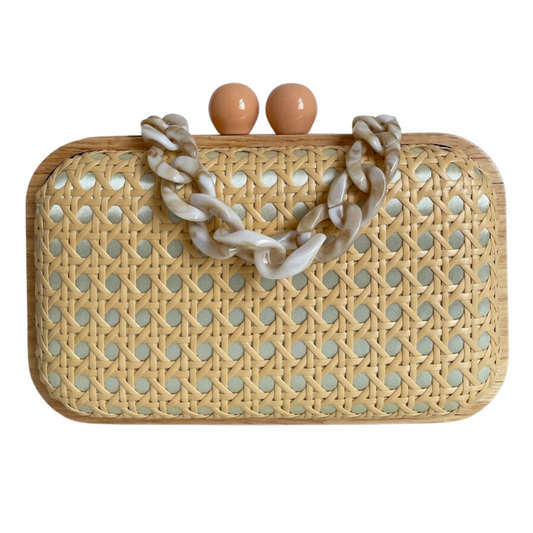 Bolsa de Festa Clutch Madeira e Palha da Índia Bege