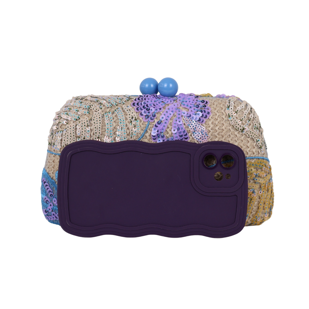 Bolsa Clutch Festa Bordada Flores Azul e Lavanda