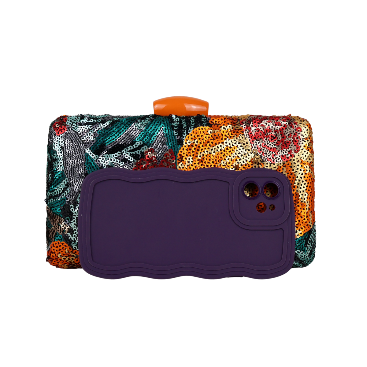 Bolsa Clutch Festa Lantejoulas Bordadas Flores Laranja e Verde