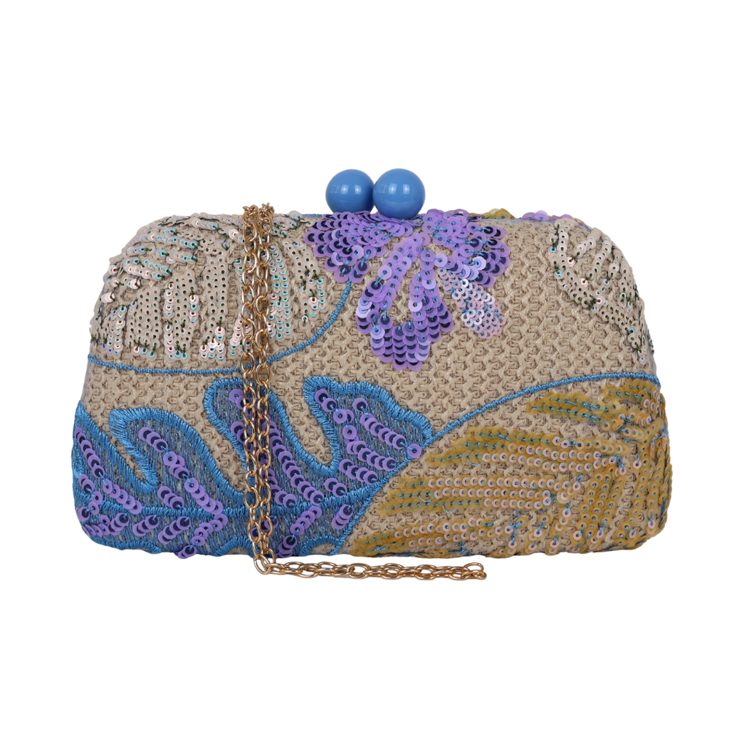 Bolsa Clutch Festa Bordada Flores Azul e Lavanda