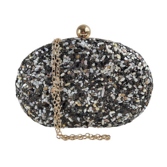 Bolsa de Festa Clutch Pedraria Branca e Preta Oval