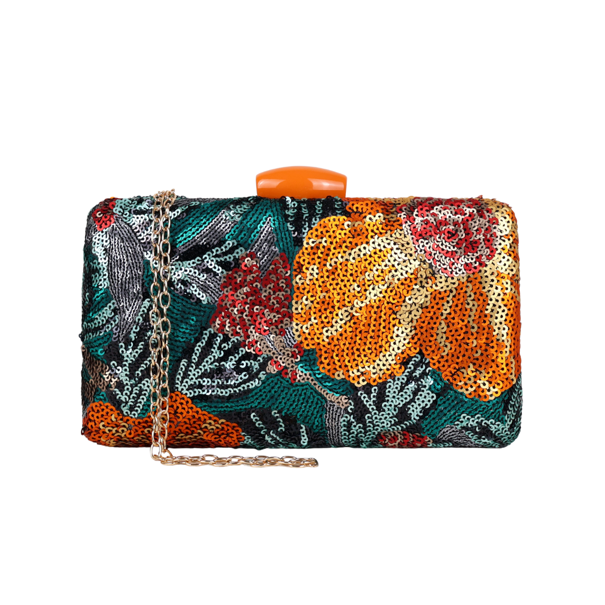 Bolsa Clutch Festa Lantejoulas Bordadas Flores Laranja e Verde