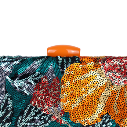 Bolsa Clutch Festa Lantejoulas Bordadas Flores Laranja e Verde