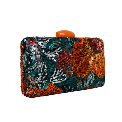 Bolsa Clutch Festa Lantejoulas Bordadas Flores Laranja e Verde