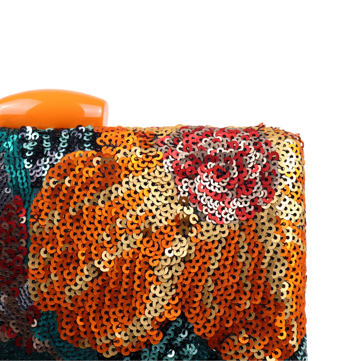 Bolsa Clutch Festa Lantejoulas Bordadas Flores Laranja e Verde