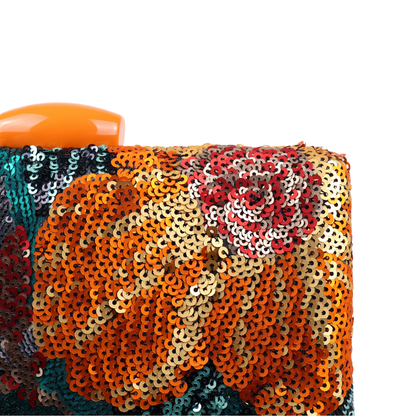 Bolsa Clutch Festa Lantejoulas Bordadas Flores Laranja e Verde