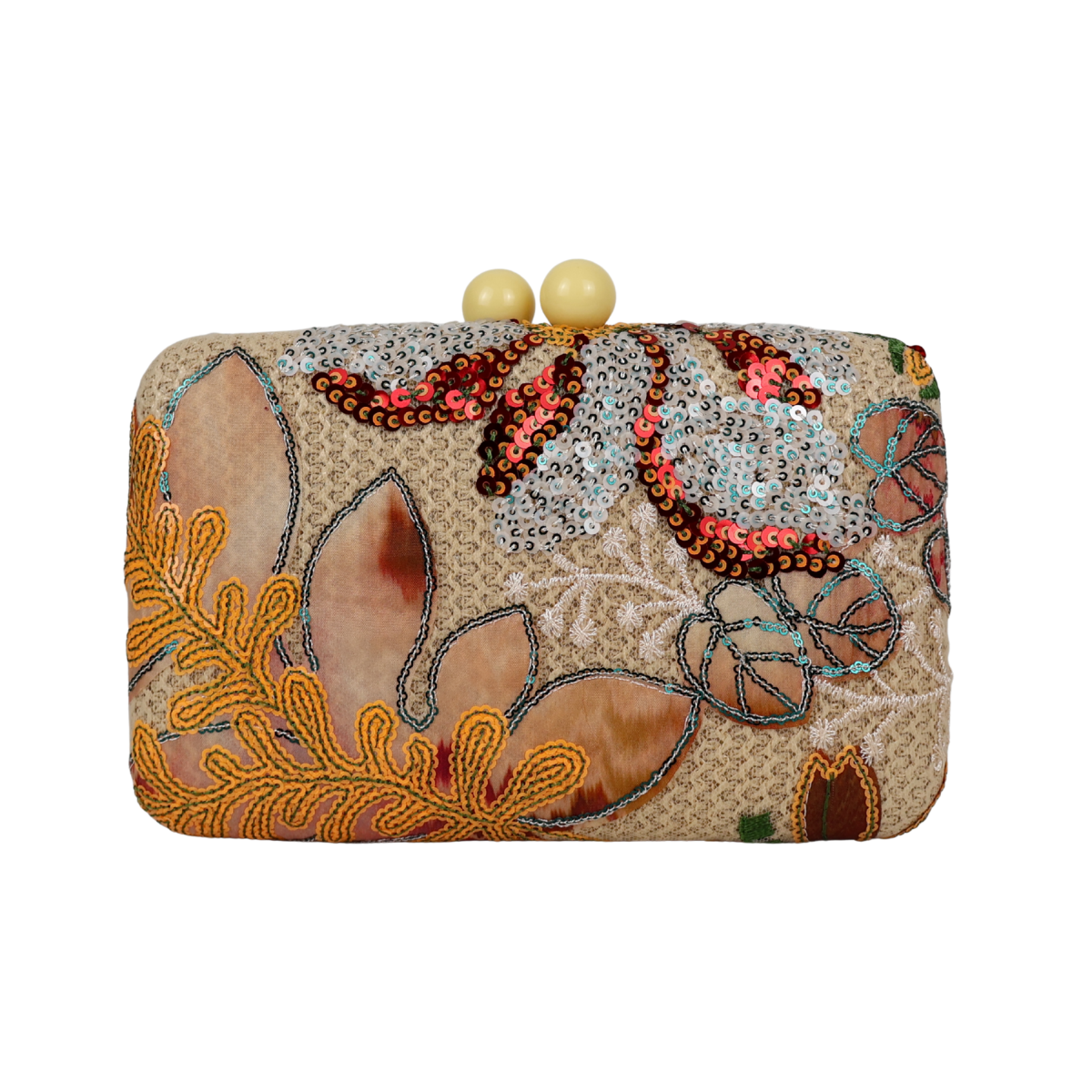 Bolsa Clutch Festa Lantejoulas Bordadas Flores Bege