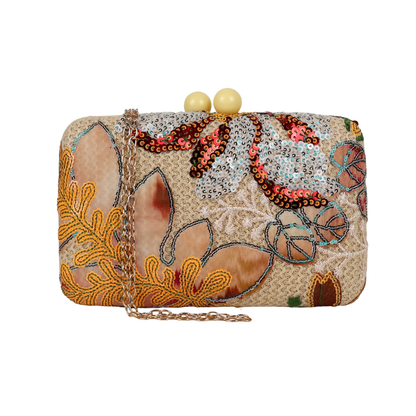 Bolsa Clutch Festa Lantejoulas Bordadas Flores Bege