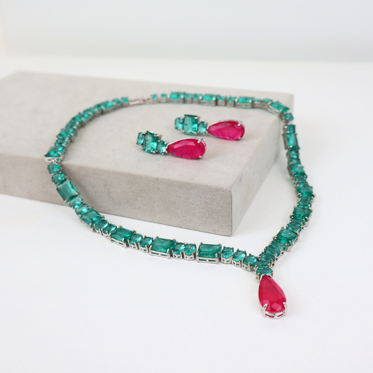 Kit Brinco e Colar - Ródio Branco - Pedra Fusion Rosa e Turquesa - Semijoia