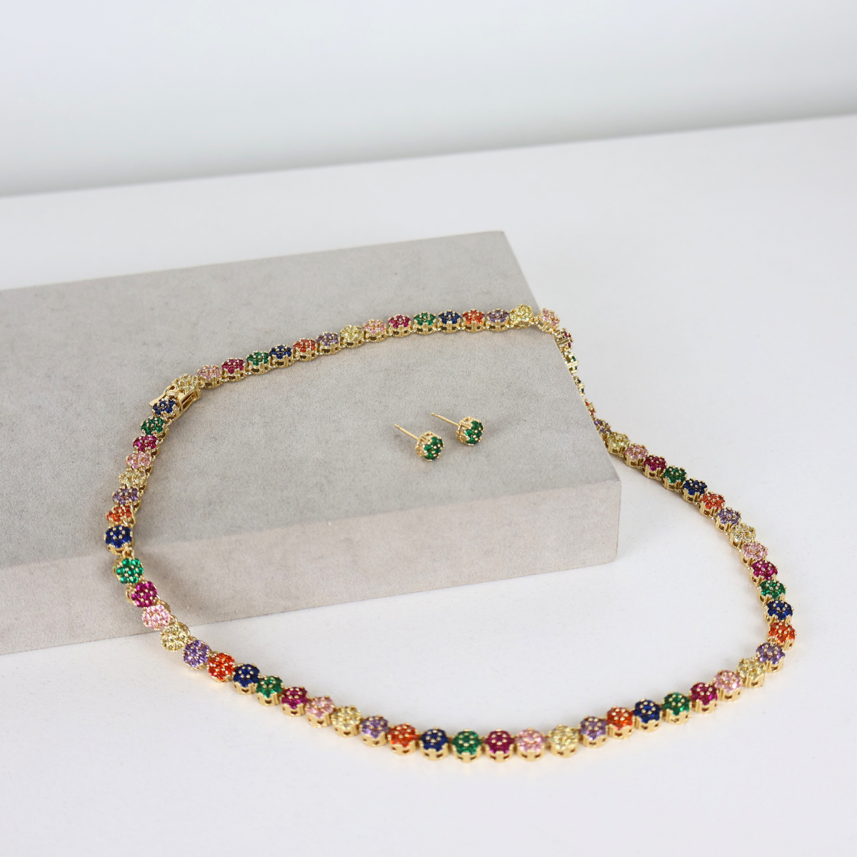 Kit Colar e Brinco - Cristal Multicor - Dourado