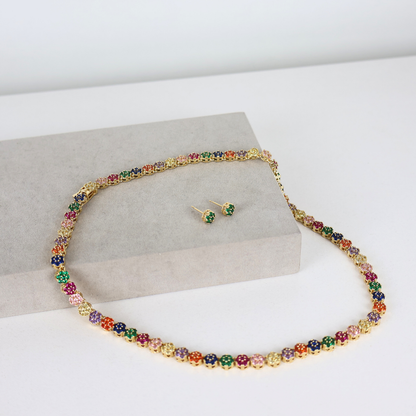 Kit Colar e Brinco - Cristal Multicor - Dourado