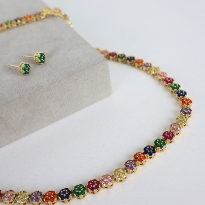 Kit Colar e Brinco - Cristal Multicor - Dourado
