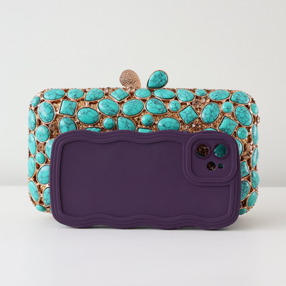 Bolsa Festa Clutch Pedraria e Perolada Turquesa
