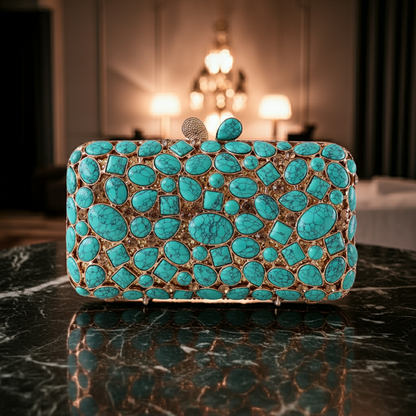 Bolsa Festa Clutch Pedraria e Perolada Turquesa