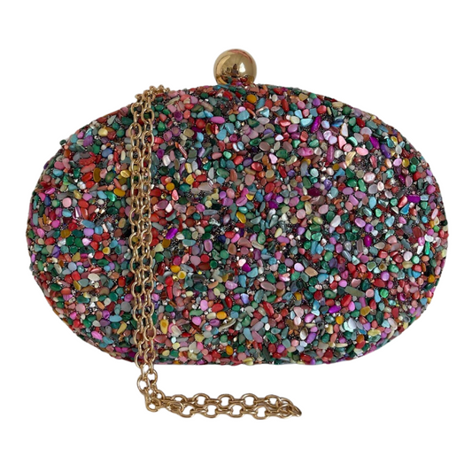 Bolsa Festa Clutch Pedraria Colorida Oval Ferragem Dourada