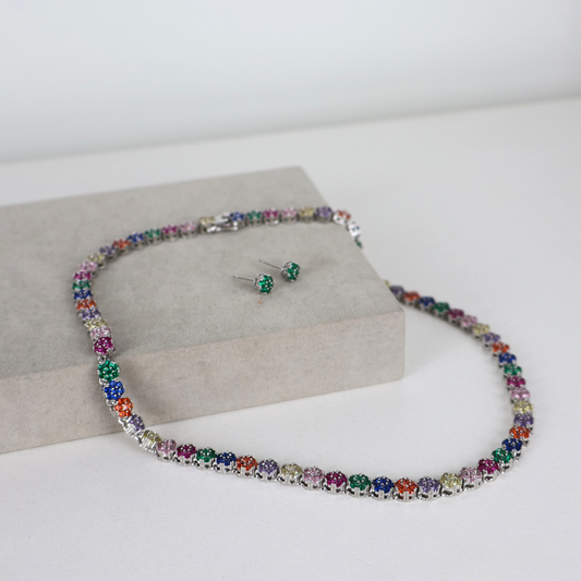 Kit Colar e Brinco - Cristal Multicor - Prateado