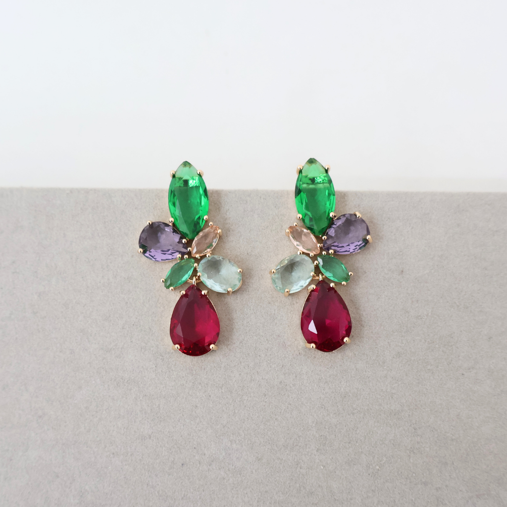 Brinco Dourado e Cristal Verde e Rosa - Semijoia