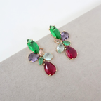 Brinco Dourado e Cristal Verde e Rosa - Semijoia