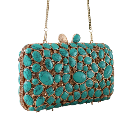 Bolsa Festa Clutch Pedraria e Perolada Turquesa