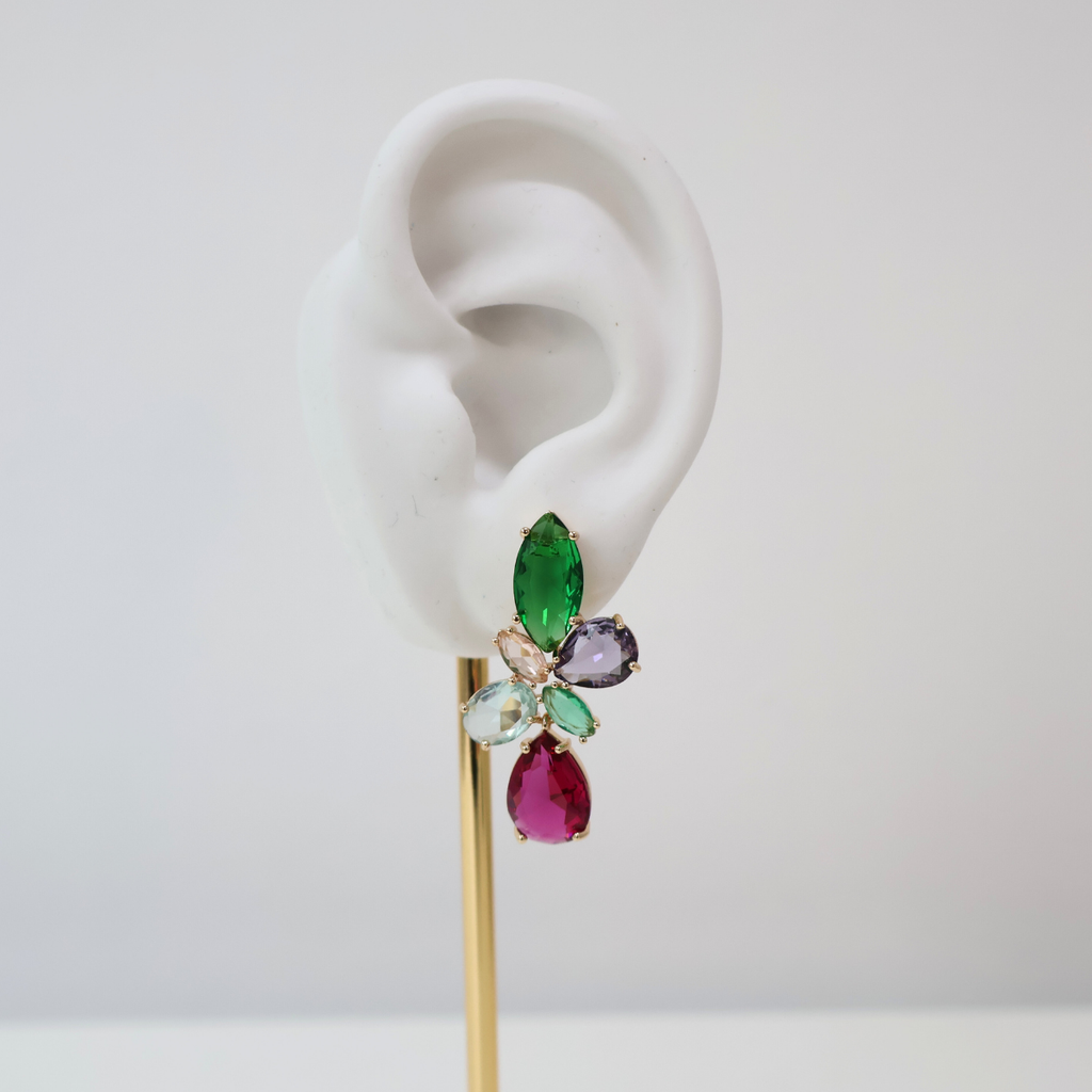 Brinco Dourado e Cristal Verde e Rosa - Semijoia