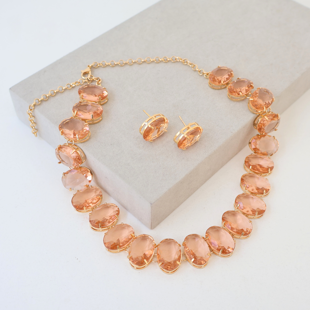 Kit Colar e Brinco - Cristal Champagne - Dourado