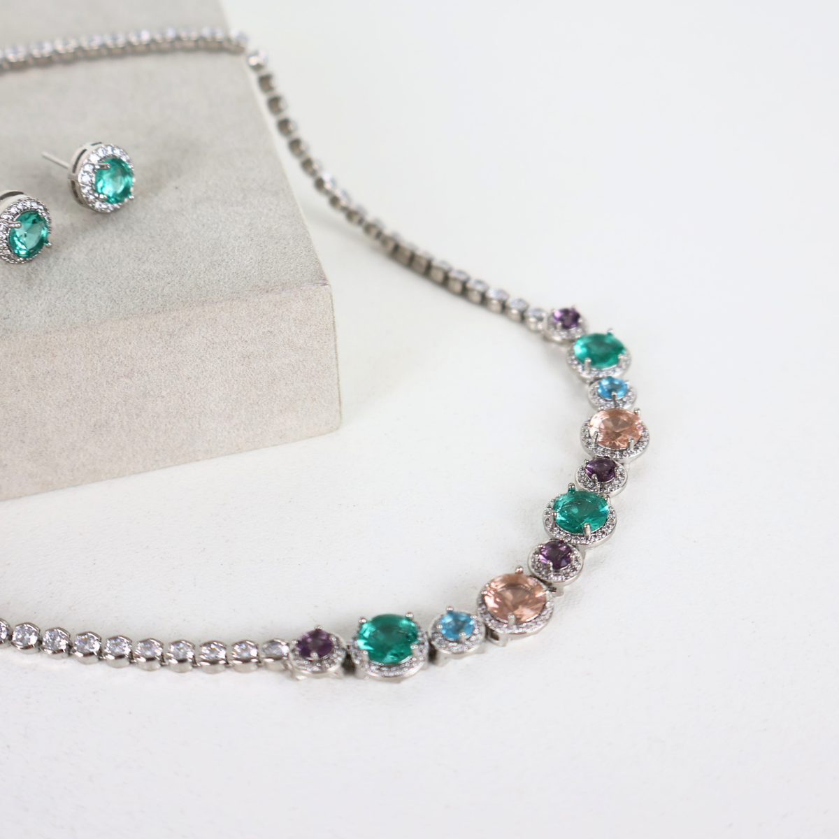 Kit Colar e Brinco - Cristal Multicor - Prateado