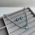 Kit Brinco e Colar - Prateado e Cristal Azul Turquesa - Semijoia