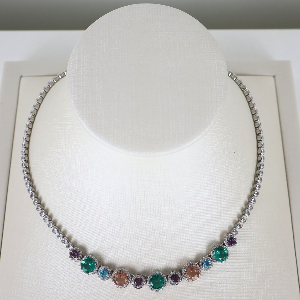 Kit Colar e Brinco - Cristal Multicor - Prateado