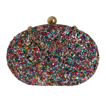 Bolsa Festa Clutch Pedraria Colorida Oval Ferragem Dourada