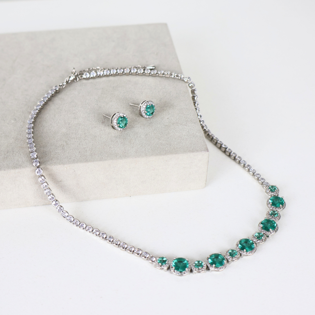 Kit Colar e Brinco - Cristal Turquesa - Prateado